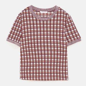Zara Trafaluc Jacquard Plaid‎ Short Sleeve Sweater Shirt